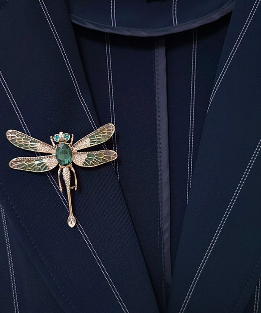 Gold Tone Dragonfly Crystal Brooch Handmade Retro Formal Shirt